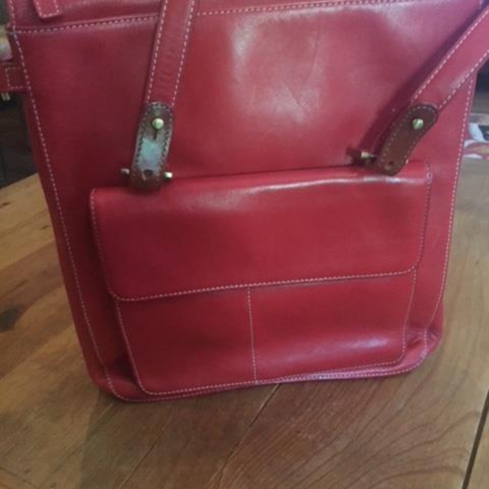 Red leather shoulder bag by Levenger